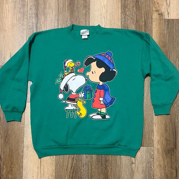 Vintage 90s Peanuts Snoopy Lucy Christmas Sweatshirt Size XL  Holiday Green USA - Picture 1 of 8